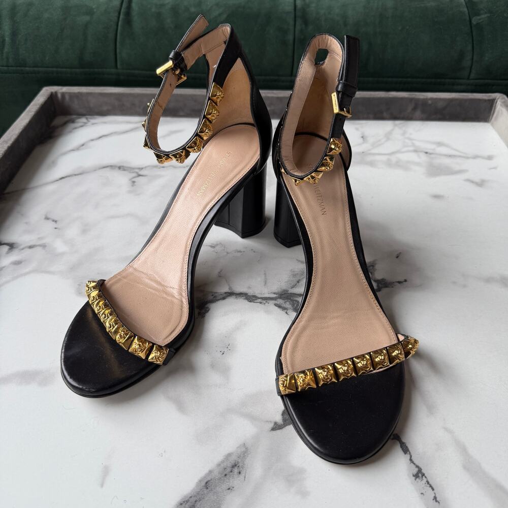 Stuart Weitzman Rosemarie Black Leather Studded Sandal Heels Size 9.5 - Picture 4 of 10